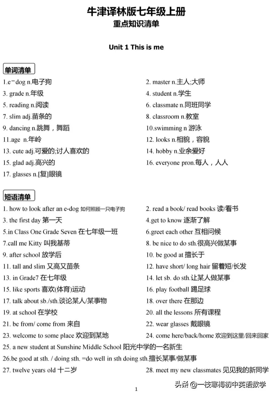 译林版 七年级英语（上册）重点单词、短语、句型默写及背诵手册