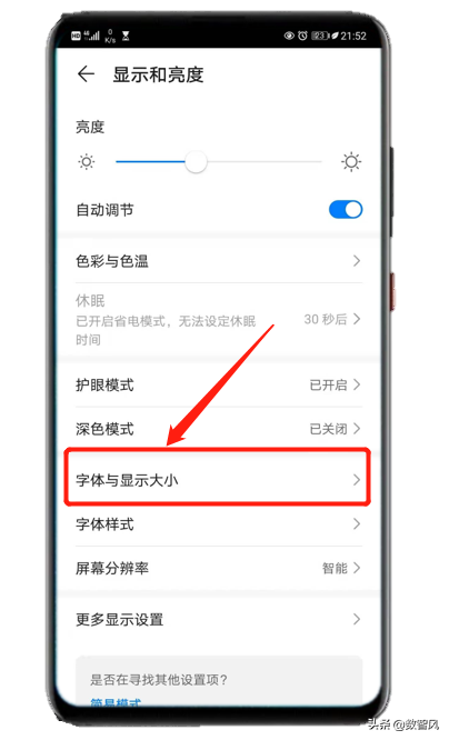 在显示和亮度页面中，找到字体和显示大小选项，点击进入。