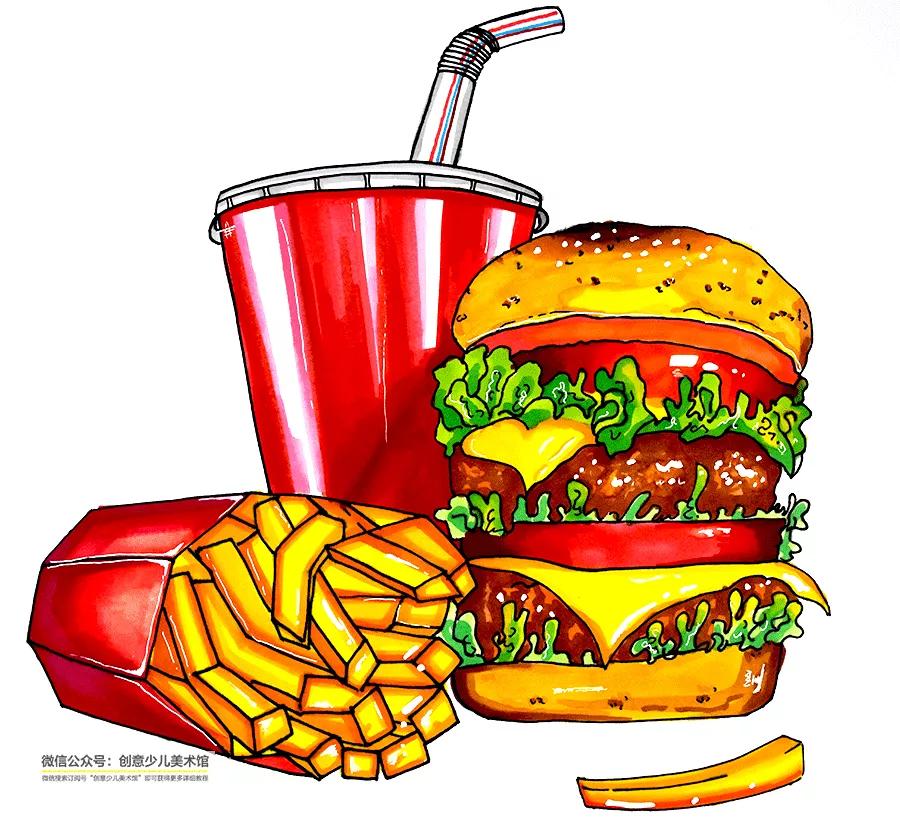 儿童画教程|学会色彩搭配,教你画超美味的汉堡套餐