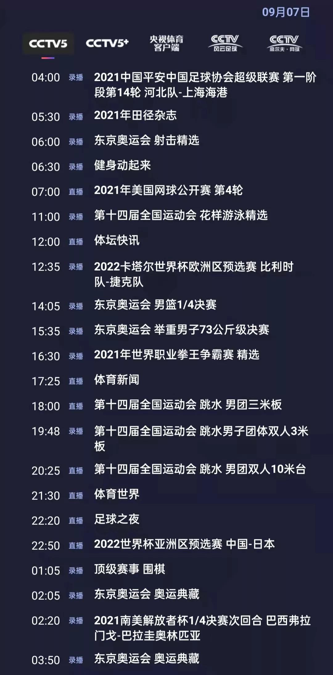 CCTV5今日节目单：22:50直播2022世界杯亚洲区预选赛(中国-日本)