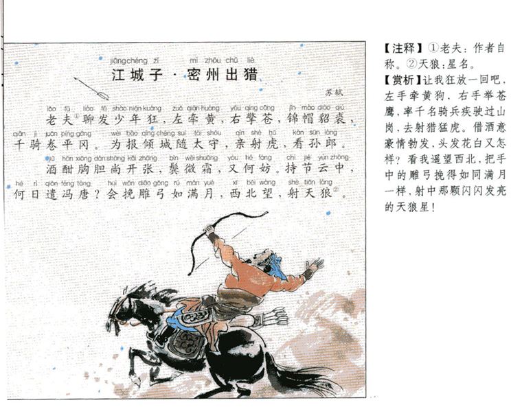 老夫聊发少年狂,左牵黄,右擎苍,锦帽貂裘,千骑卷平冈.