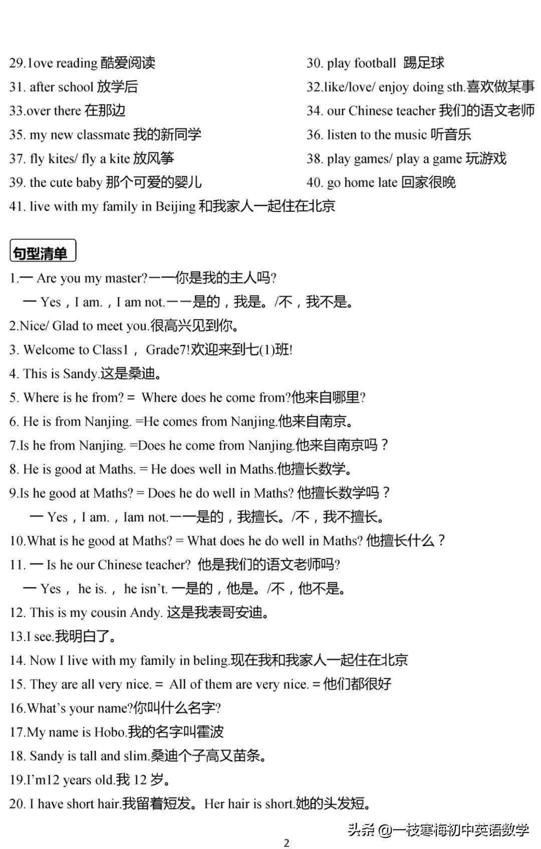 译林版 七年级英语（上册）重点单词、短语、句型默写及背诵手册