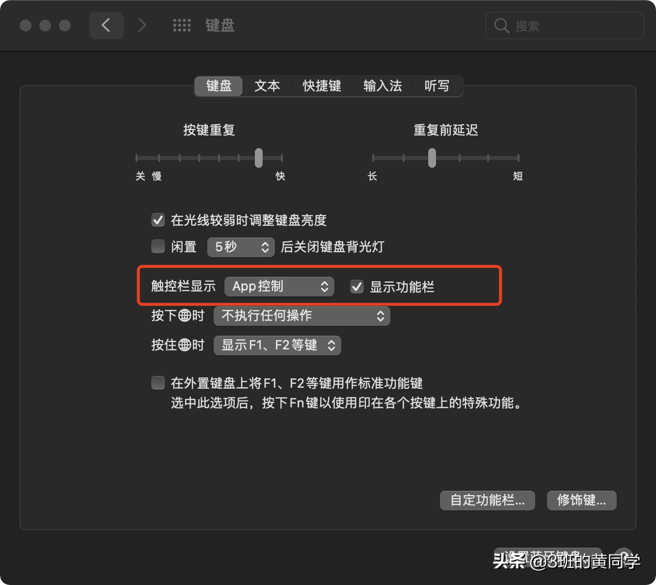 Mac设置触控栏显示F1、F2等功能键