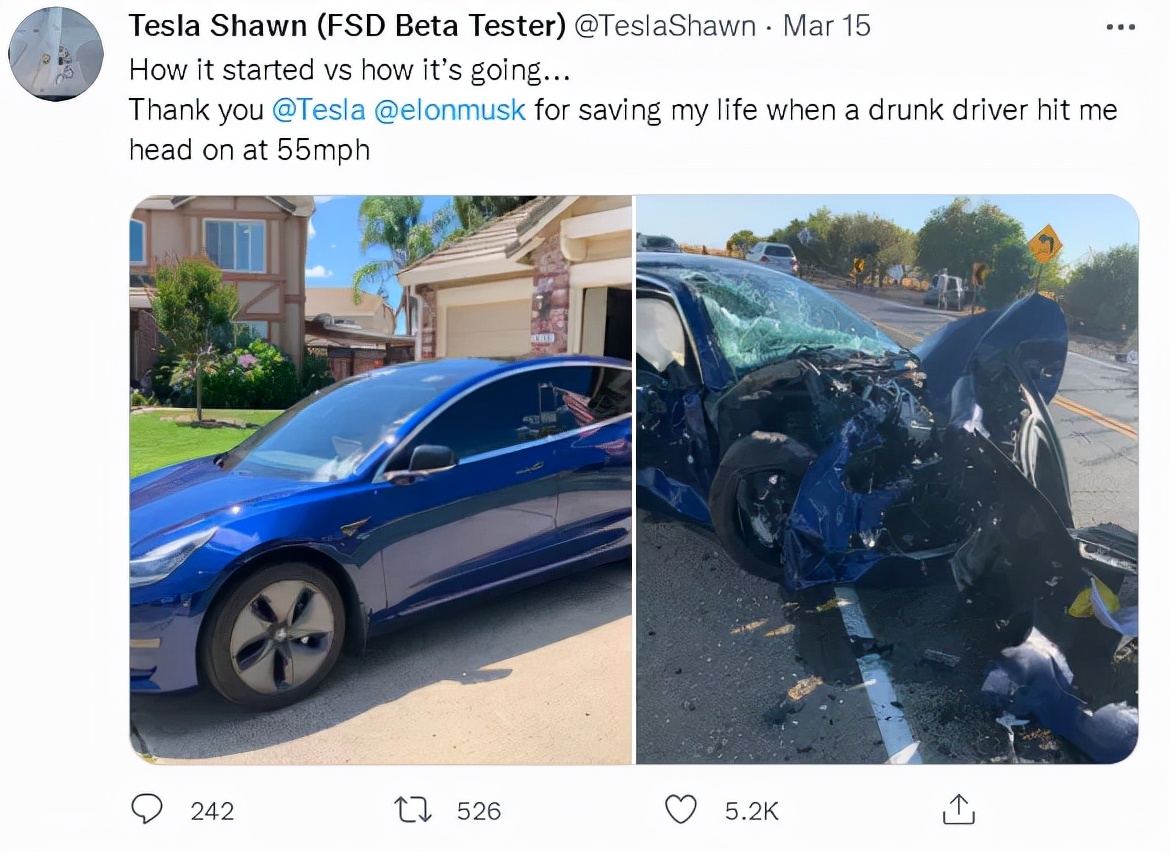 特斯拉 Model 3 车主与醉驾车辆相撞，车头被撞烂无生命危险