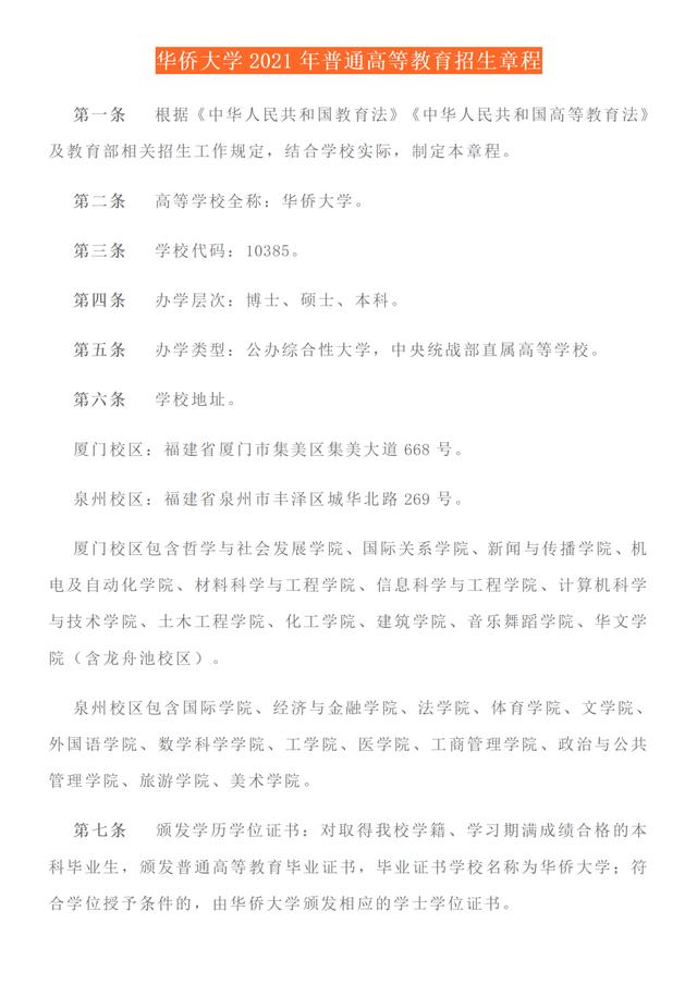 福建首家：华侨大学2021年招生章程发布！附去年在省内录取分数