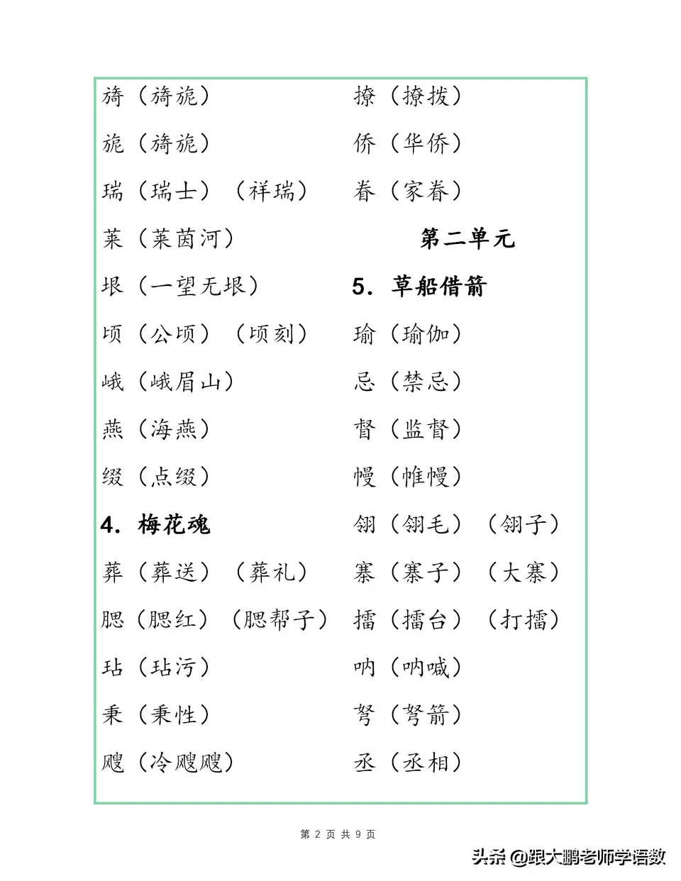 掌握部编版五年级下册语文各单元识字表组词，期中考试用得上。