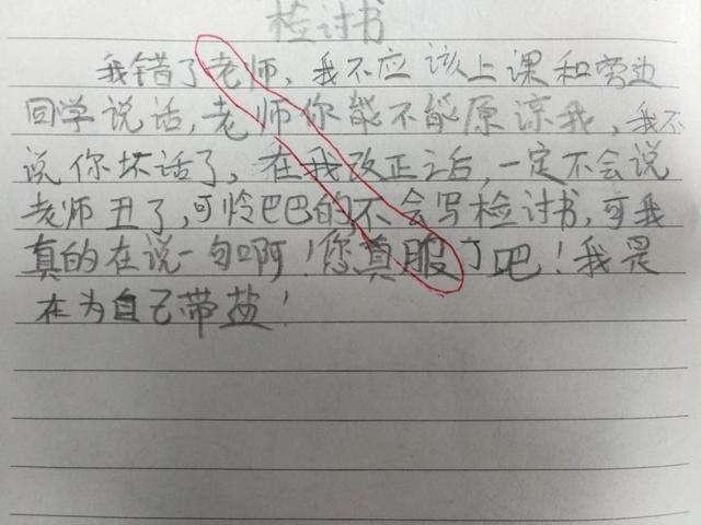 小学生写检讨书，文章里藏句子，暗讽“老师我不服”