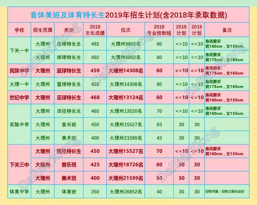 大理州2019年中考志愿填报指南(四)特长班普高班招生及录取数据