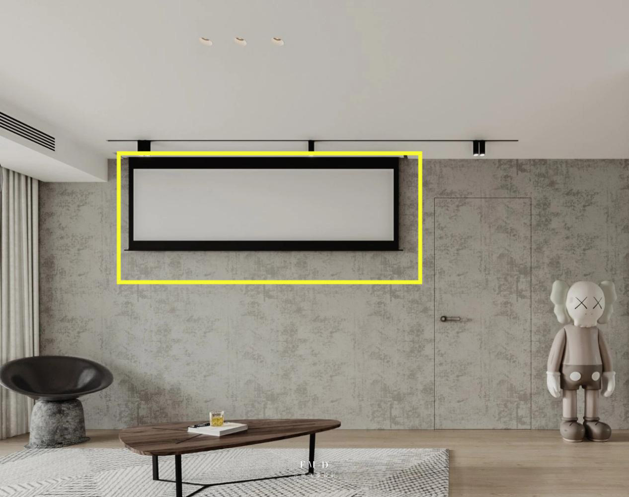 现在隐形设计也很流行,可以与投影幕布组合,让整个客厅背景墙更具有