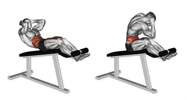 步骤:找到一个有倾斜角度的健身凳,躺上去,双手放在耳朵两侧,腹肌发力