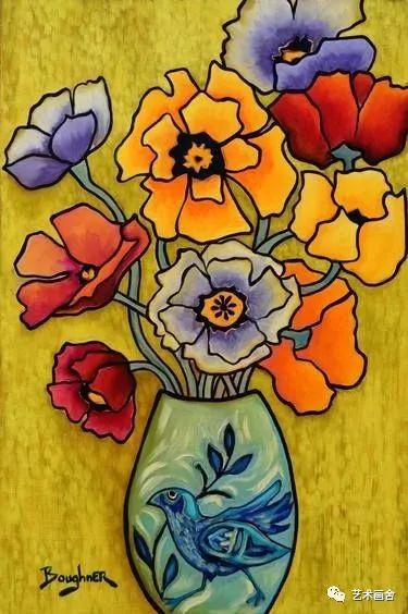 儿童画素材|复古的花瓶,鲜艳的花朵,别有一番意境