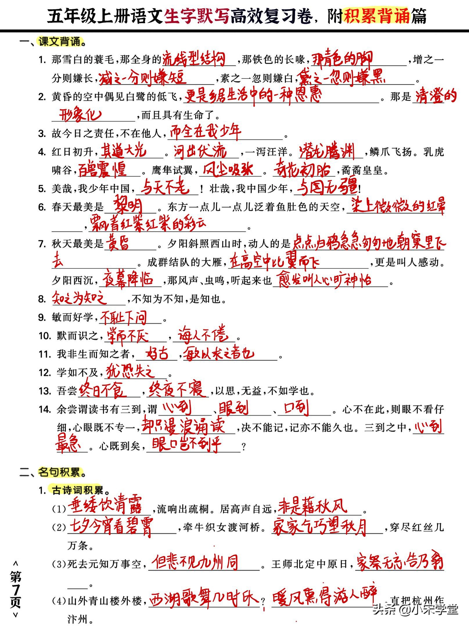 五年级上《生字默写积累背诵》卷，高效复习好帮手，考试不丢一分