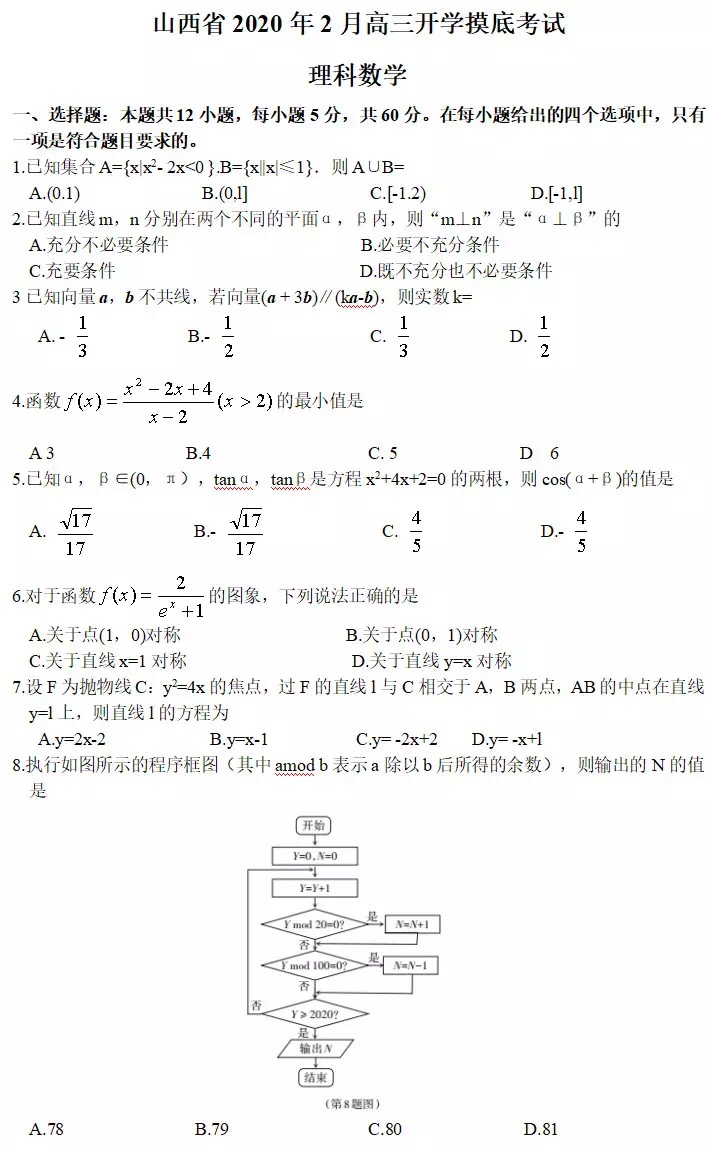 2020年高三全国模拟、山西、河南摸底考试试题及答案
