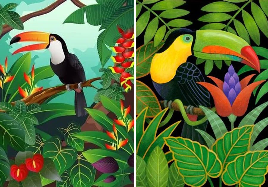 儿童画教程|梦幻色彩 趣味线描穿花衣裳的大嘴鸟