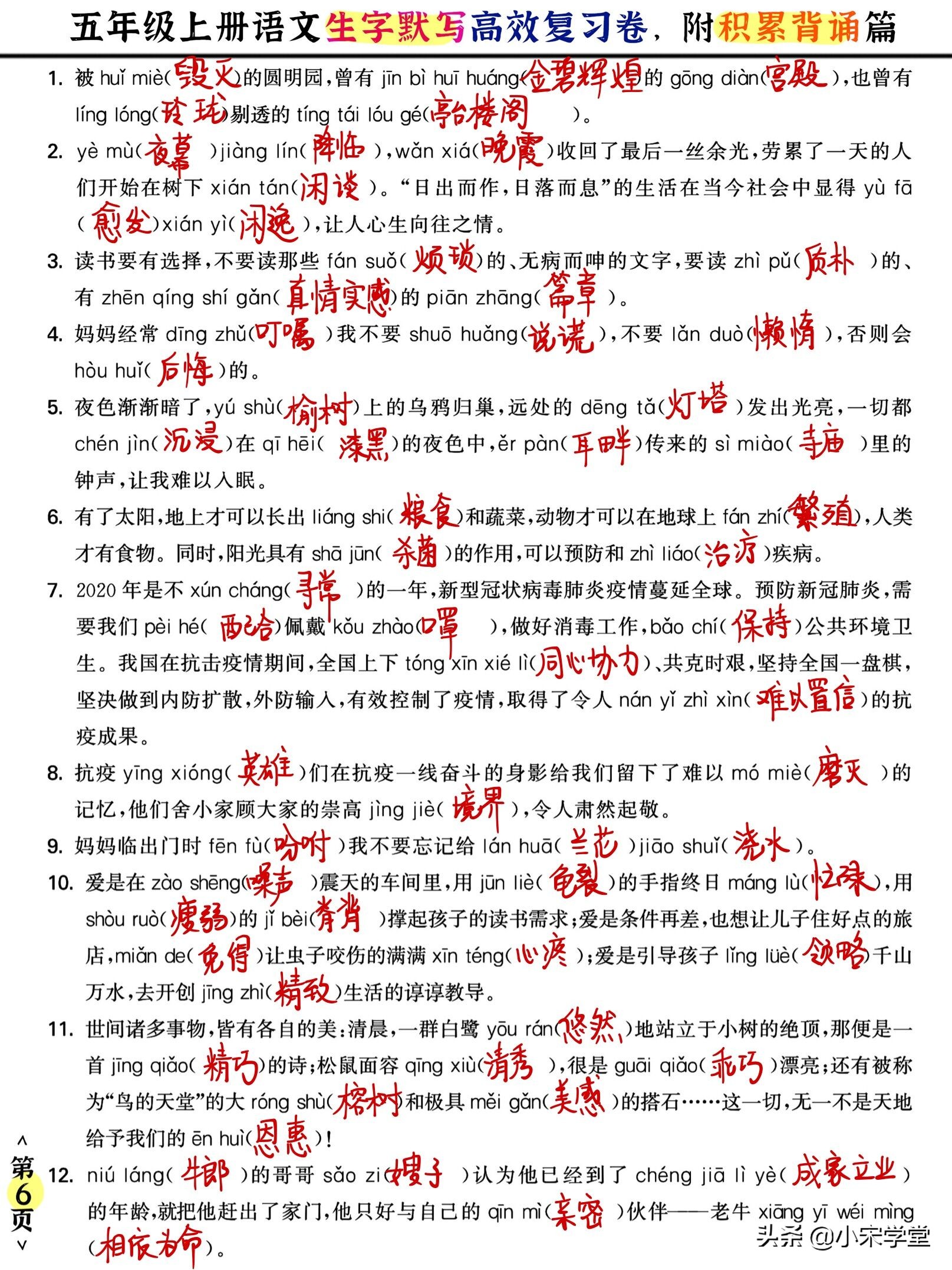 五年级上《生字默写积累背诵》卷，高效复习好帮手，考试不丢一分