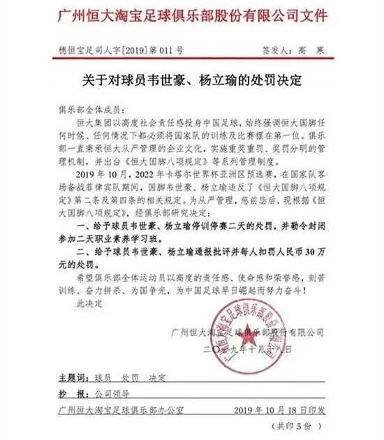 中超为什么停赛一个月(国足队员韦世豪杨立瑜被恒大停赛两天罚款30万，真正原因在哪？)