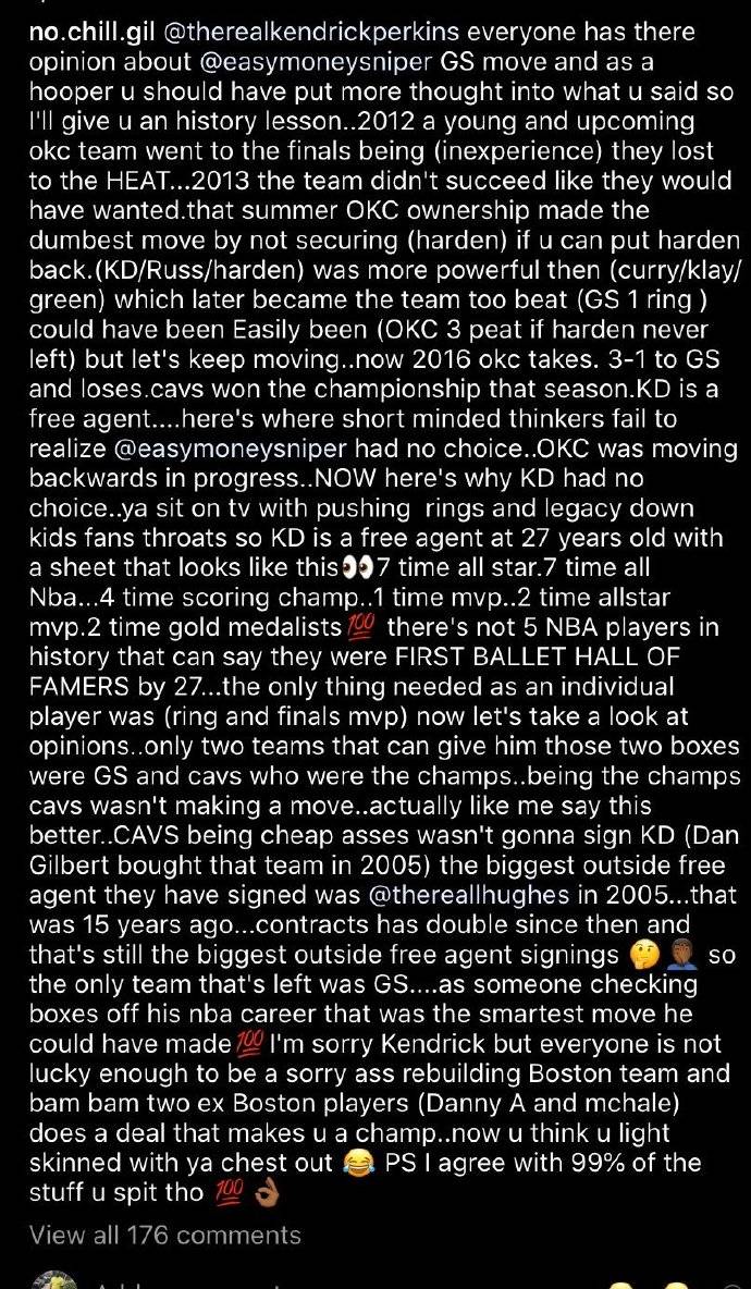 为什么帕金斯总在nba发言(阿里纳斯给帕金斯'上课' 发长文谈KD当年为何加盟勇士)