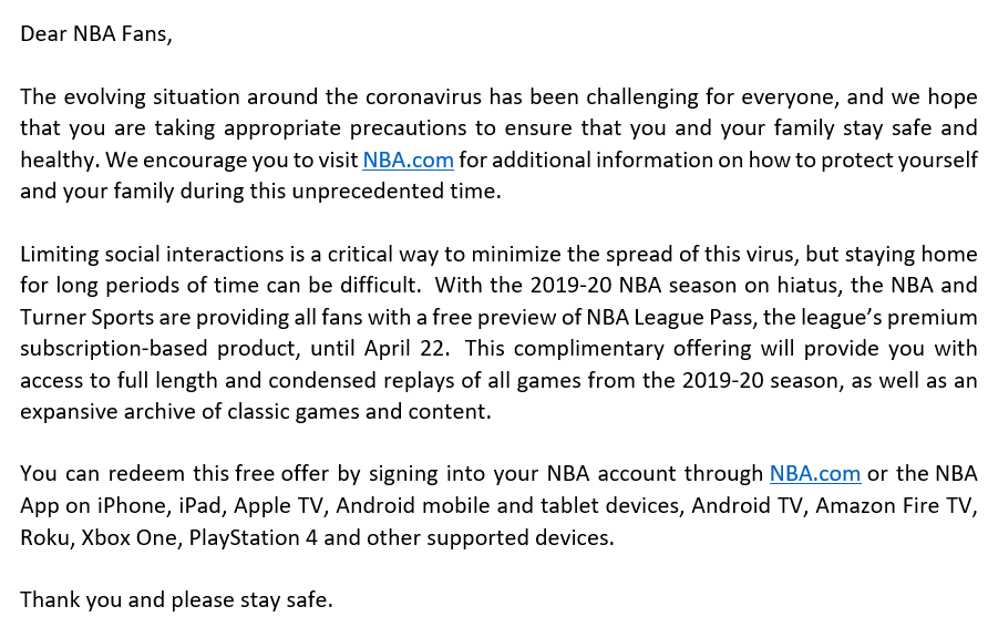 NBA和特纳体育将向球迷提供一个月免费观赛权限