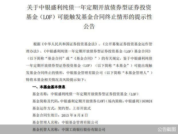 业绩、规模两不误却触及清盘条件 中银盛利定开债基怎么了