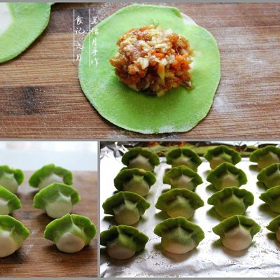 1,饺子皮材料:100克面粉一份,小白菜叶约100克,140克面粉一份.