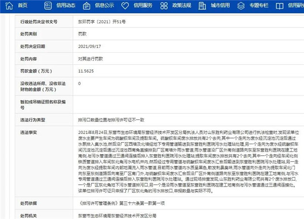 山东胜利药业有限公司因排污问题被罚11万余元