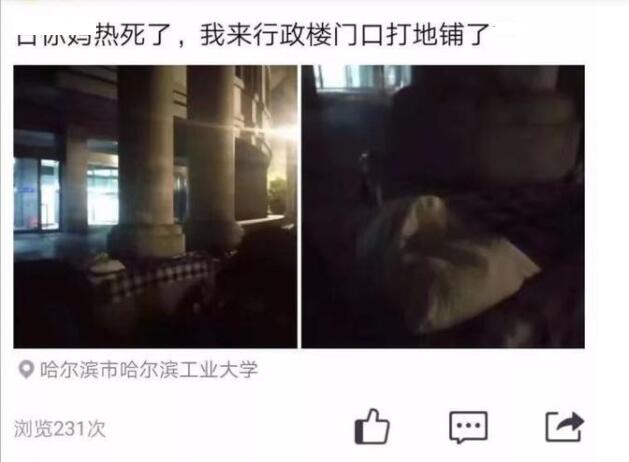 哈工大学生酷暑难耐，在行政楼前打地铺来避暑，学校的处理很无语