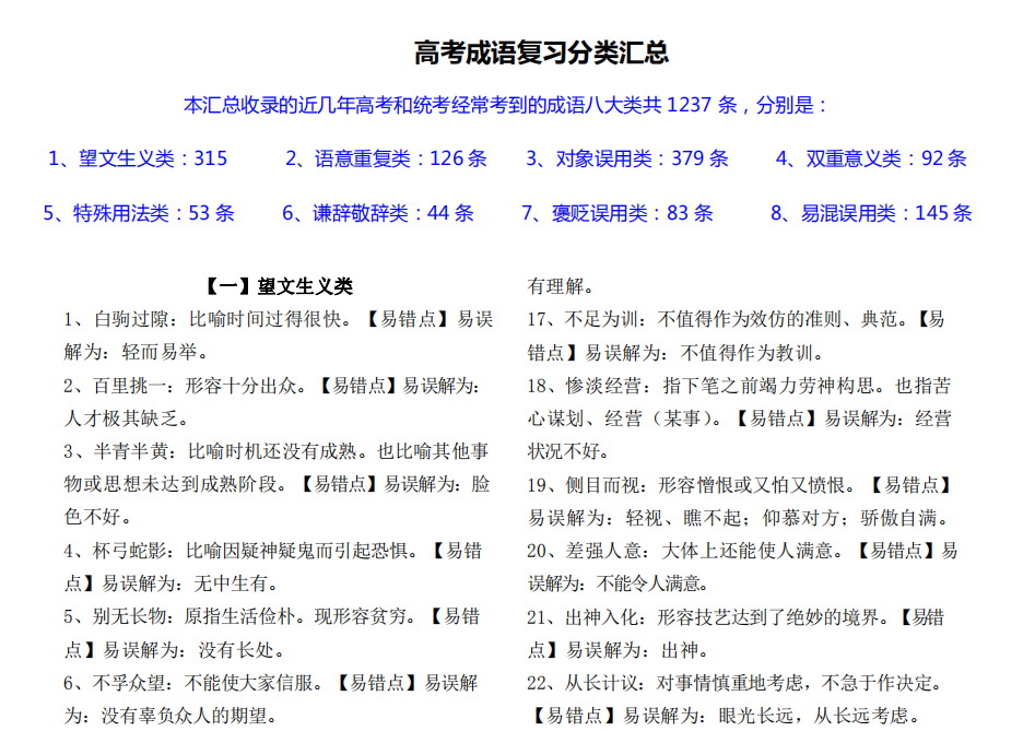 1237条！高中语文：近几年高考+统考常考的成语集锦！替孩子打印