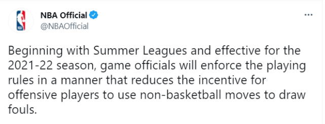 nba为哪些球员改规则(NBA官宣规则变动细节！四大造犯规动作在列 夏季联赛开始生效)