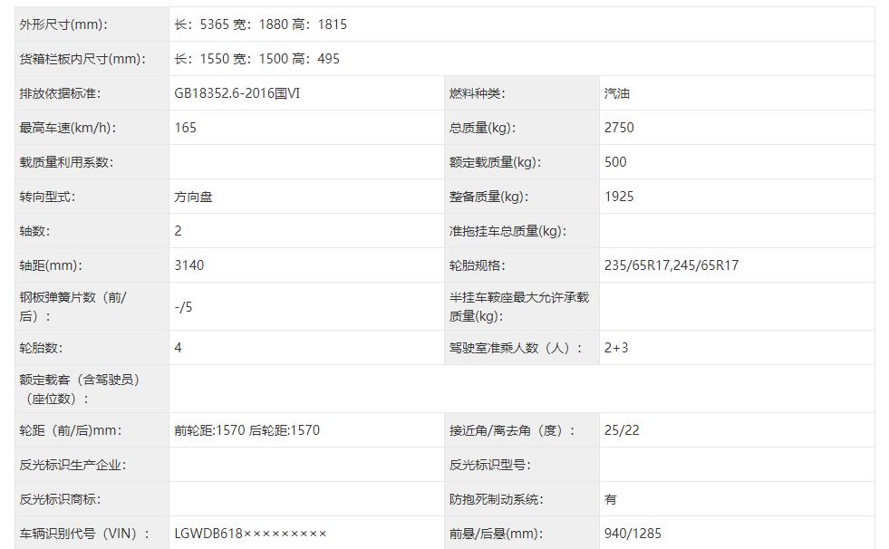 或取代风骏系列皮卡，长城金刚炮申报信息曝光