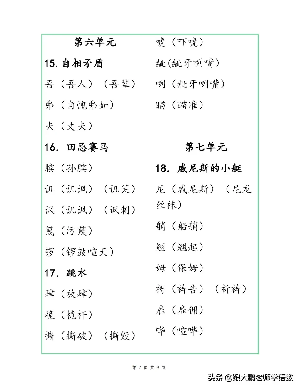 掌握部编版五年级下册语文各单元识字表组词，期中考试用得上。