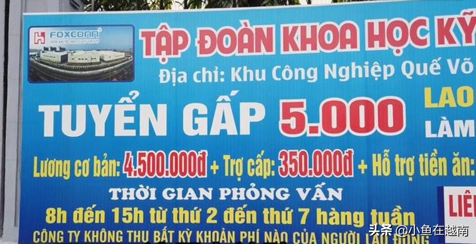 越南富士康员工真实收入：工作8小时，月薪450万越南盾，约1350元