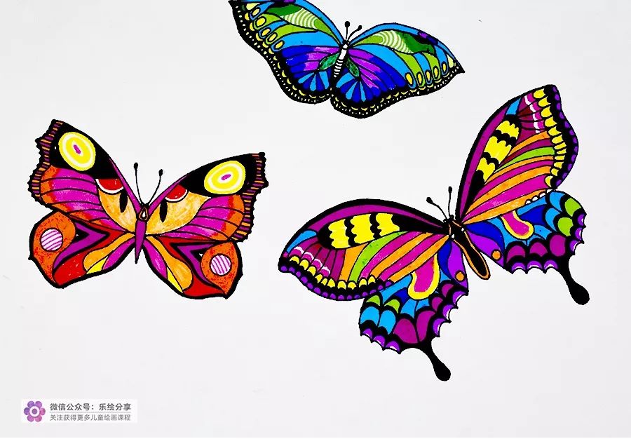 如不同蝴蝶,可以选用不同的色彩搭配冷暖色,同类色和对比色练习等.