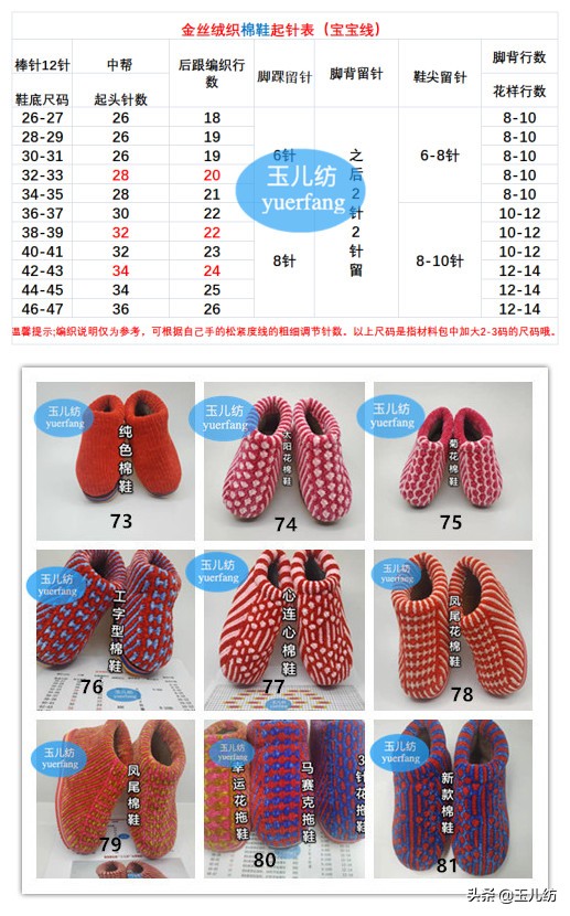 玉儿纺-8款金丝绒织毛线鞋教程全集 起针表 图纸