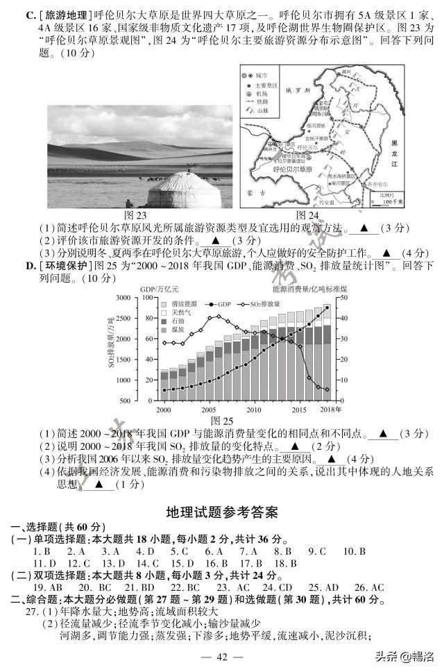 2020年江苏高考地理试题+参考答案