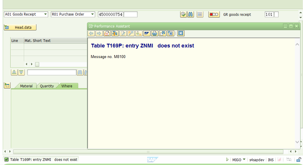 SAP MM 對PO執行收貨，報錯 - Table T169P entry ZNMI does not exist 