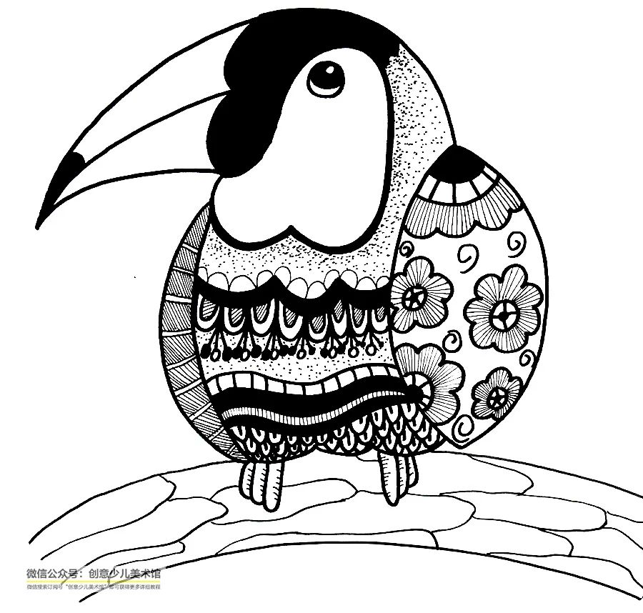 儿童画教程|梦幻色彩 趣味线描穿花衣裳的大嘴鸟