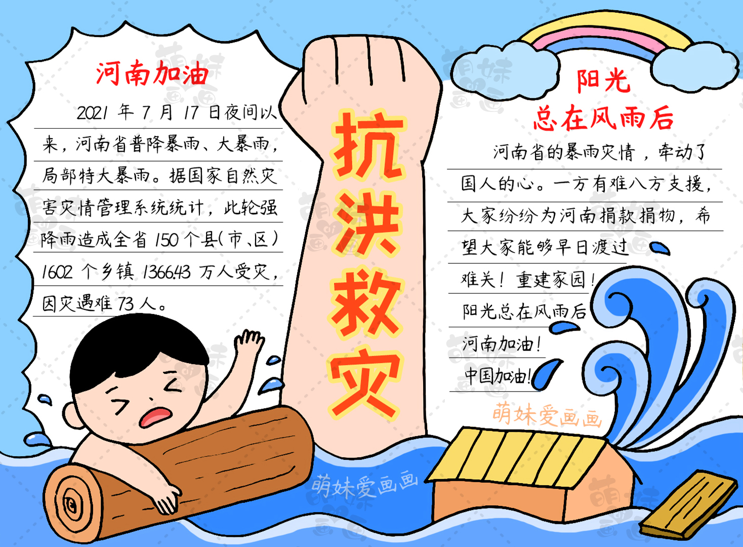 简单的小学生抗洪救灾手抄报，含内容文字，家长可收藏备用