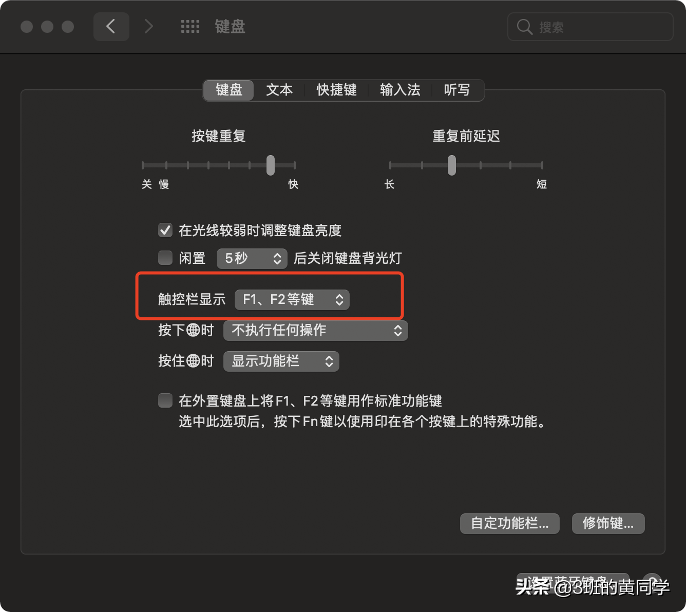 Mac设置触控栏显示F1、F2等功能键