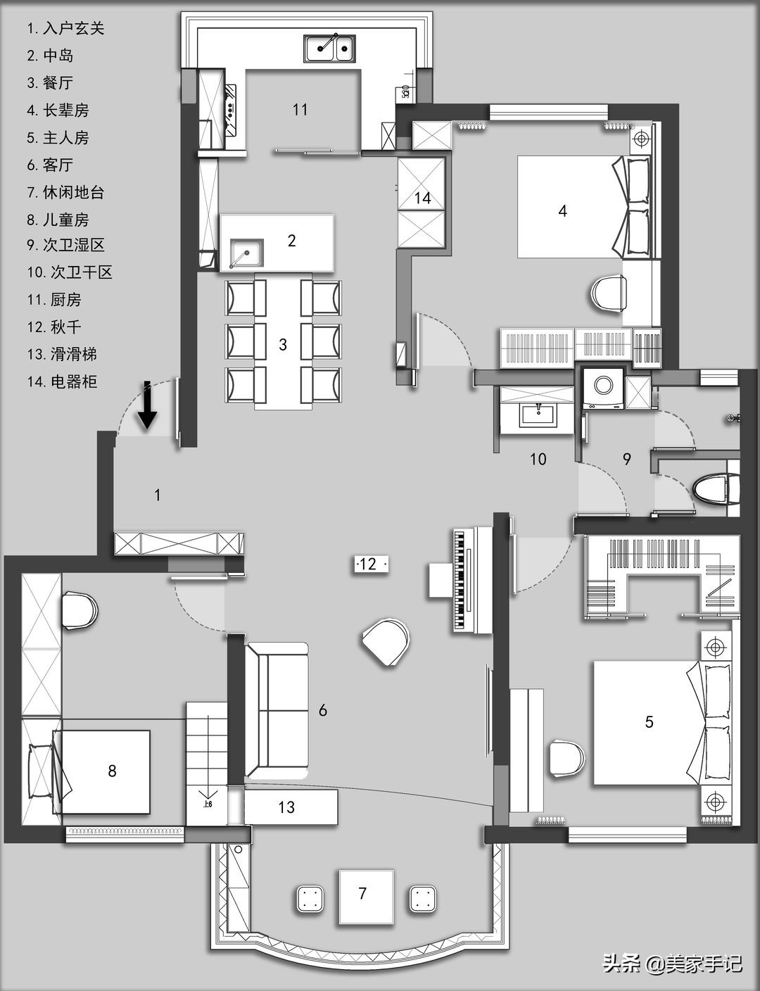 親子房設計為孩子，她在客廳裝秋千、做地台、設滑梯，全屋裝潢漂亮實用極了