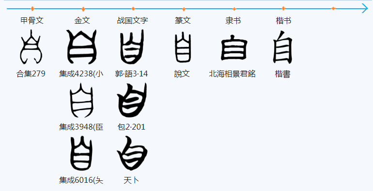 首先是自字,甲骨文中的自字指的是鼻子的意思,早期的人把鼻子称