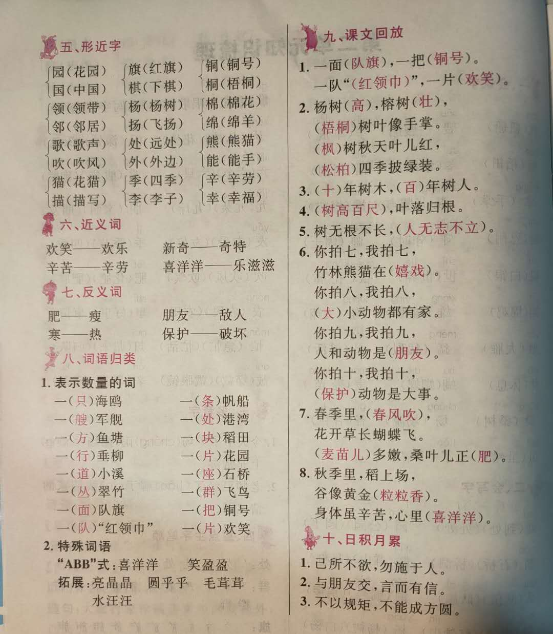 二年级语文上册，第一二单元知识要点归纳总结，老师：早起读一遍