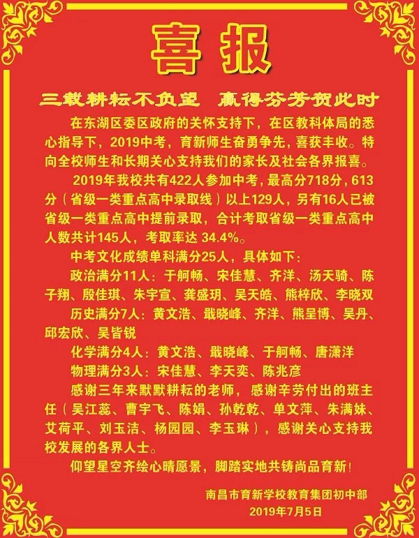 2019年南昌各初中学校中考喜报汇总