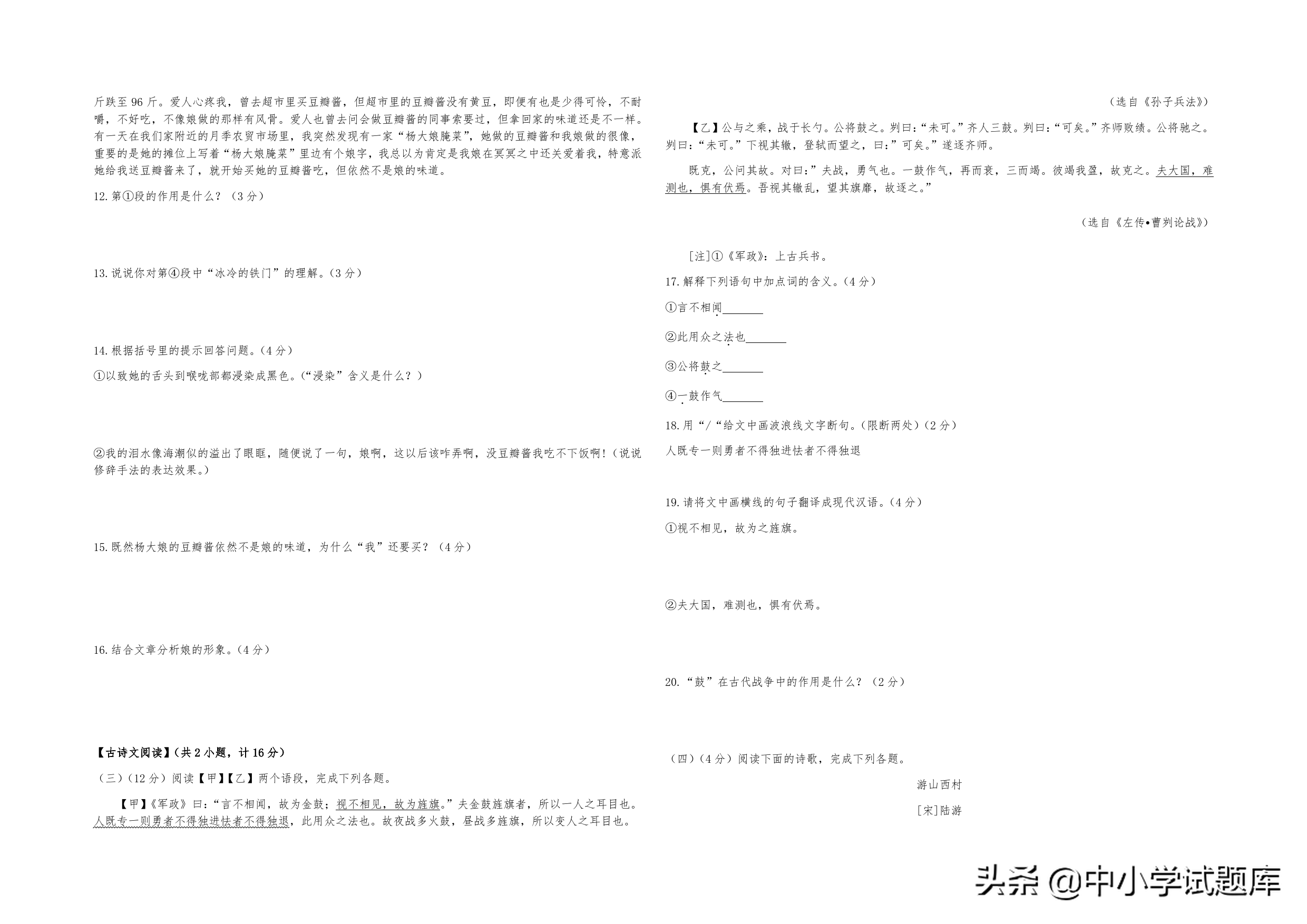 2020年陕西省初中毕业学业考试第一次模拟试卷 语文卷