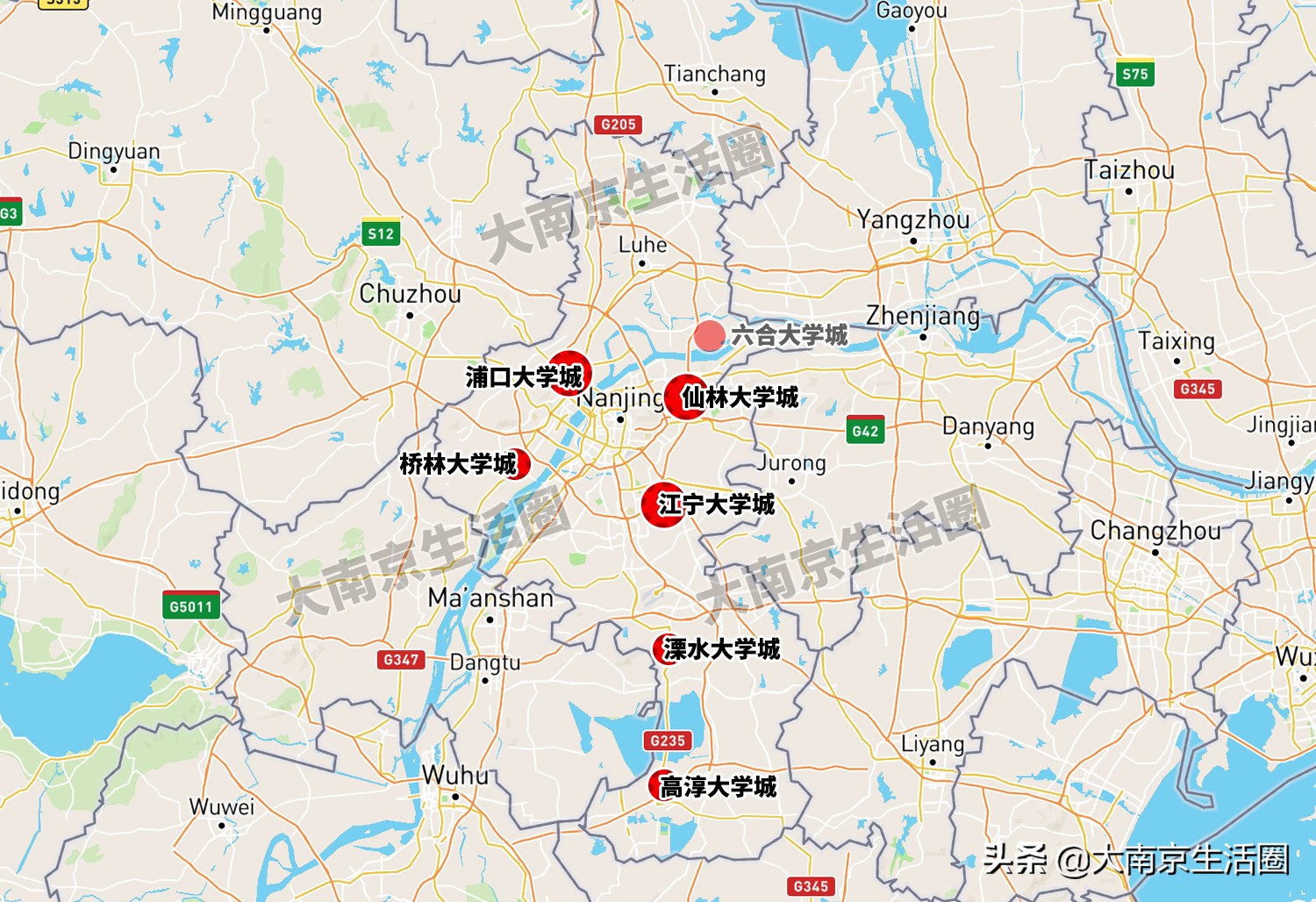 南京未来7座大学城，选址分布在这些地方