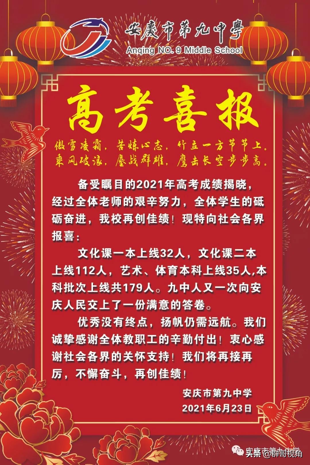 安庆市2021年主要23所高中高考喜报