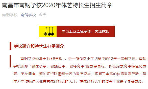 南昌市南钢学校2020年体艺特长生招生简章