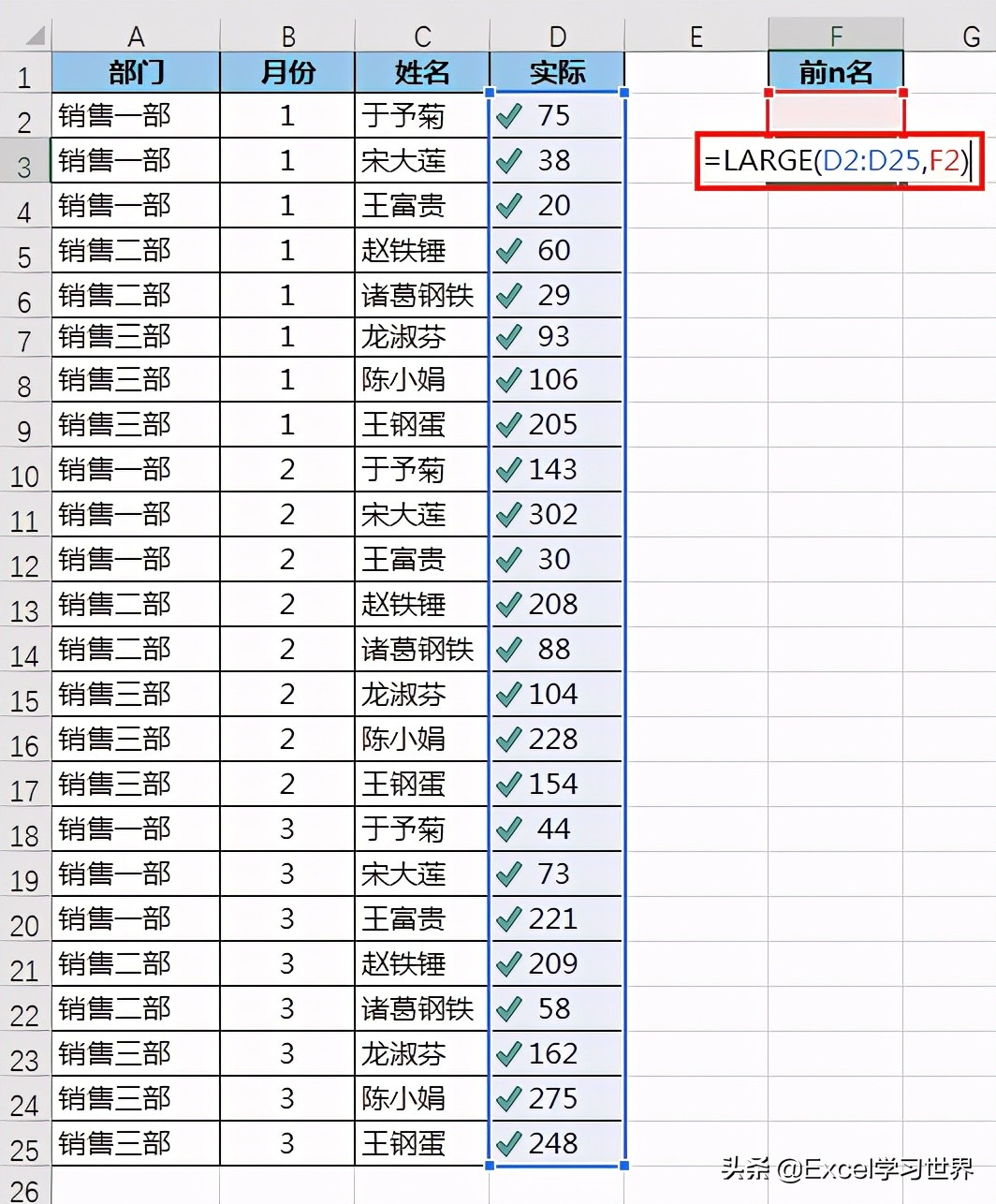 Excel – 输入名次，前几名的单元格全部自动打勾，方便查看