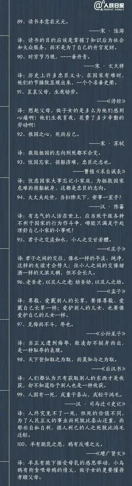 人民日报公布了中国古代励志名言100句及释义