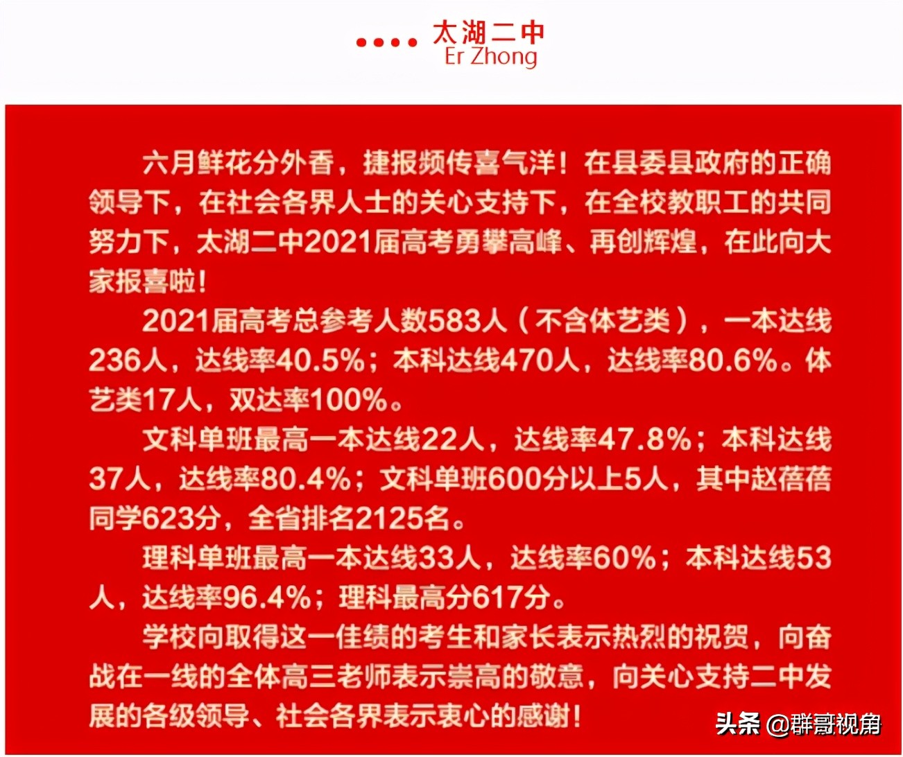 安庆市2021年主要23所高中高考喜报