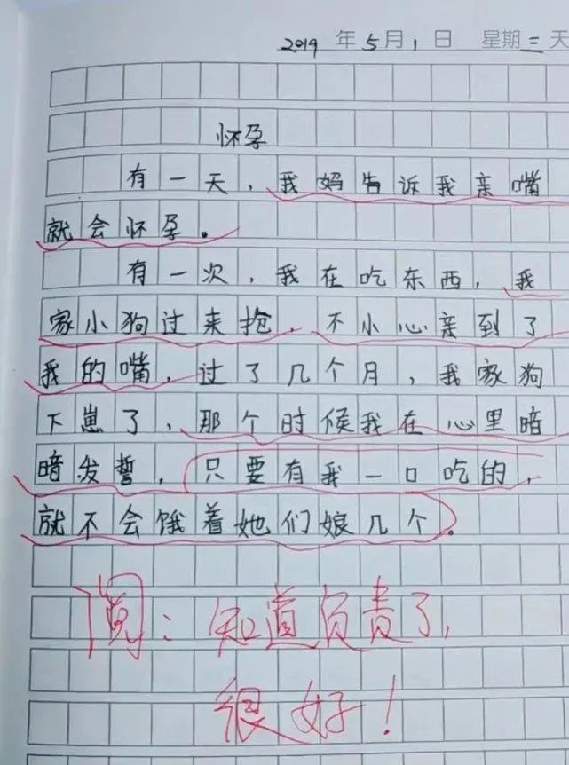 小学生作文《怀孕》走红，内容引人瞩目，老师：知道负责就很好